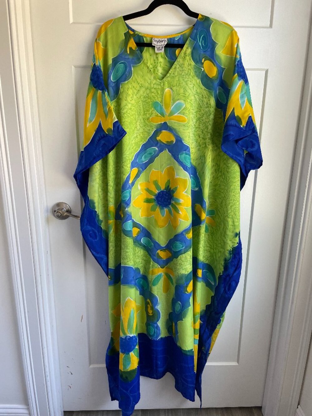 Vintage Saybury Kaftan Maxi Dress One Size Green Blue Floral Psychedelic Muumuu